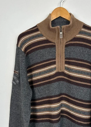 Grey multicoloured striped quarter zip mid neck collar woolly jumper by River Woods, brand: Vintage Dressing, condition: Very good, size: L, £20.00, £21.70 includes Buyer Protection Pro