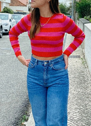 Camisola às riscas vermelhas e rosa cropped Zara - Tamanho S, marque: Zara, état: Très bon état, taille: S / 36 / 8, 10,00 €, 11,20 € Protection acheteurs incluse