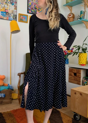 Jupe à pois des années 80 plissée et fendue, brand: Vintage Boutique, condition: Very good, size: L / 40 / 12, €15.00, €16.45 includes Buyer Protection