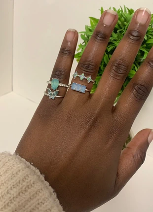 Set of 4 blue/ green silver tone rings, condition: Very good, size: Adjustable, £4.00, £4.90 includes Buyer Protection