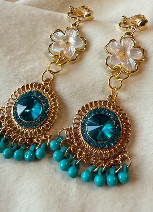 Blue Crystal Flower Drop Earrings – Floral Boho Statement Clip-Ons, condition: Very good, £9.50, £10.68 includes Buyer Protection