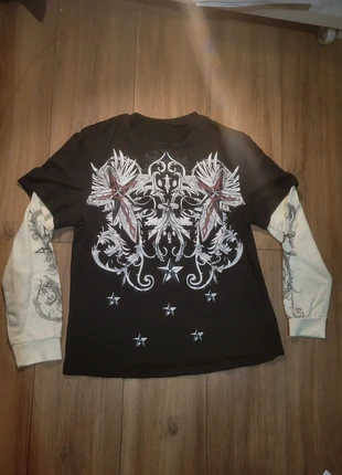 T-shirt Y2K goth double layer imprimé croix & motifs baroques, brand: y2k, condizioni: Nuovo senza cartellino, taglia: S, €27.50, €29.58 include la Protezione acquisti