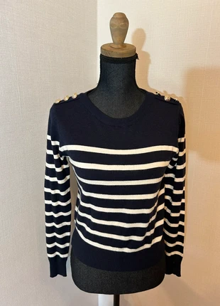 Pull léger tendance 38 marinière marine et blanc avec bouton doré style officier sur les épaules, estado: Muy bueno, tamaño: M / 38 / 10, 10,00 €, 11,20 € Protección al comprador incluida