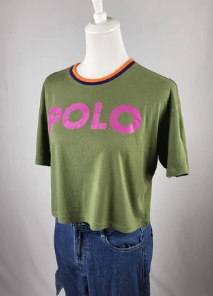 T-shirt crop top Polo Ralph Lauren femme vert logo rose col contrasté vintage streetwear S, brand: Ralph Lauren, condizioni: Ottime, taglia: S / IT 40 / EU 36, €15.00, €16.45 include la Protezione acquisti Pro