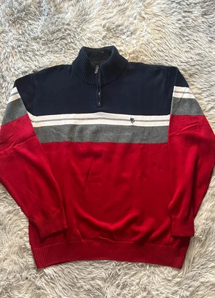 👕 Pull col montant zippé U.S. Polo Assn rayé bleu marine, gris et rouge, brand: U.S. Polo Assn., condition: Very good, size: XXL, €20.00, €21.70 includes Buyer Protection Pro