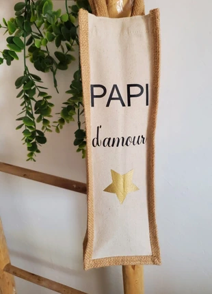 Joli sac cadeau bouteille pour Papi beige et doré en jute et coton, marque: Boutique indépendante, état: Neuf sans étiquette, 10,00 €, 11,20 € Protection acheteurs incluse
