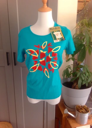 T-shirt neuf ManoVerdé motif fraises, taille M, turquoise, condition: New with tags, size: M / 38 / 10, €7.80, €8.89 includes Buyer Protection