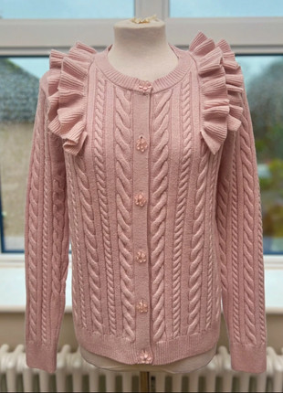 Joe Browns Ruffle Cable Knit Cardigan Jumper | Size 10 | Pink Retro Cottagecore Vintage Knitwear, brand: Joe Browns, condition: Very good, size: M / 10, £28.00, £30.10 includes Buyer Protection