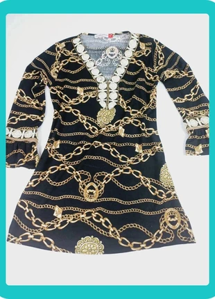 A1288 - Vestido elegante estampa de correntes Cappuccino TU | Chic and Timeless V-Neck Dress, marque: Cappuccino, état: Très bon état, taille: Taille unique, 34,00 €, 36,40 € Protection acheteurs incluse
