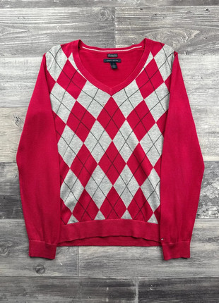 Pull col V motif losange Tommy Hilfiger Fuchsia et Gris taille M, marque: Tommy Hilfiger, état: Bon état, taille: M / 38 / 10, 24,00 €, 25,90 € Protection acheteurs (Pro) incluse