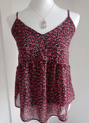 Haut débardeur blouse noir, rouge et vert d'eau forme trapèze imprimé fantaisie fleurs T.L Mod style, merk: MOD STYLE, staat: Heel goed, maat: L / 40 / 12, € 5,00, € 5,95 inclusief Kopersbescherming Pro