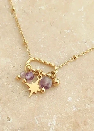 Collier acier inoxydable doré étoile et améthystes, marca: Amethyste, estado: Novo sem etiquetas, €10.50, €11.73 inclui Proteção do Comprador