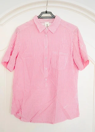 Camicia a maniche 100% cotone a righe bianche e rosa L.O.G.G. by H&M, merk: H&M L.O.G.G., staat: Heel goed, maat: S / 36 / 8, € 5,00, € 5,95 inclusief Kopersbescherming