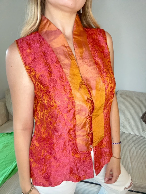 top vintage sans manches 100% soie – style asiatique – or/rose - photo numéro 2