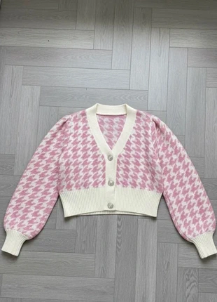 Cardigan court rose et blanc à carreaux pied-de-poule, marca: Rose, estado: Muito bom, tamanho: S / 36 / 8, €39.00, €41.65 inclui Proteção do Comprador