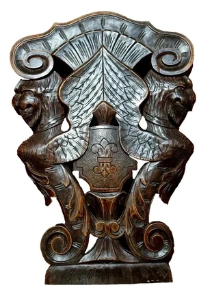 Antique French Carved Wood Panel – Griffins & Fleur-de-Lis – Gothic Revival 19th c – Measures below, condition: Good, €99.00, €104.65 includes Buyer Protection Pro