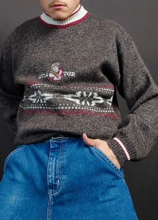 Pull Rare Col Montant Vintage 80s Maille Chiné Marron Motifs Brodé "Aviateur / Pilote" 25% Laine (L), brand: Vintage Dressing, condition: Very good, size: L, €36.00, €38.50 includes Buyer Protection Pro