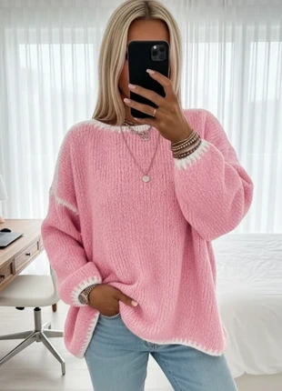 Pull rose oversize bordures blanches – doux et stylé, brand: Fashion, condition: Very good, size: S / 36 / 8, €42.00, €44.80 includes Buyer Protection