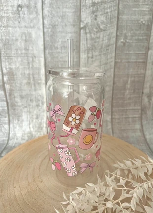 Verre forme canette en plastique sans BPA avec paille + couvercle - Motifs fraises & rubans, brand: verre canette, condition: Very good, €16.90, €18.45 includes Buyer Protection Pro