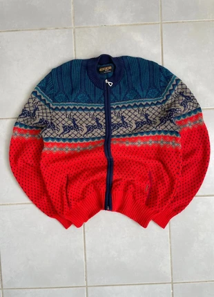 Cardigan homme vintage y2k couleur bleu rouge à motifs 100% pure laine très bon état, brand: Vintage Dressing, condition: Very good, size: L, €24.99, €26.94 includes Buyer Protection Pro