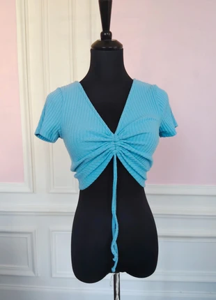 Top crop bleu froncé à lacet, col V, manches courtes, style Y2K, taille S, marque: FB Sister, état: Très bon état, taille: S / 36 / 8, 5,00 €, 5,95 € Protection acheteurs incluse