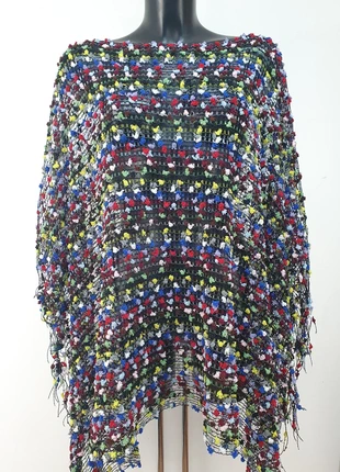multicolour crochet open knit poncho | boho pom pom fringe cape 🧶, brand: Bohemian, condition: Very good, size: One size, £9.99, £11.19 includes Buyer Protection Pro
