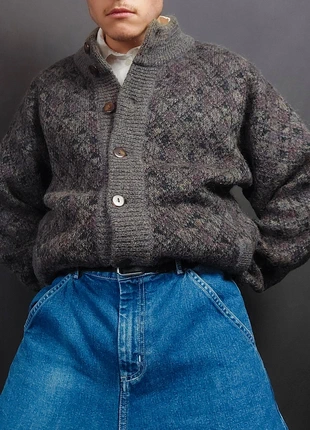 Cardigan Long Style Teddy Bomber Vintage 80s Maille Gris Multicolore Motif Imprimé Laine Mohair (XL), marque: Bagarry, état: Très bon état, taille: XL, 36,00 €, 38,50 € Protection acheteurs (Pro) incluse