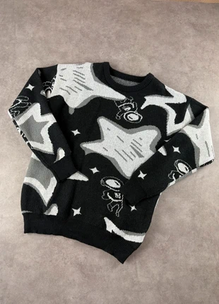 Pull rétro oversize, knit Y2K en coton noire et blanc, gris à motif étoiles - 2000's, brand: Aesthetic, condition: Very good, size: M, €35.00, €37.45 includes Buyer Protection Pro