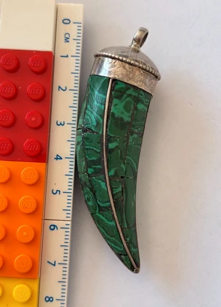 Pendentif unisexe corne argenté incrusté pierre malachite style boho hippie chic S01, marque: corne, état: Très bon état, 29,00 €, 31,15 € Protection acheteurs (Pro) incluse