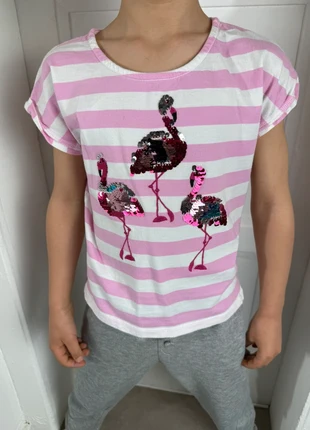 T-shirt rayé Palomino - Flamants roses à sequins - Taille 7 ans, brand: Palomino, condition: Very good, size: 7 years / 122 cm, €8.00, €9.10 includes Buyer Protection Pro