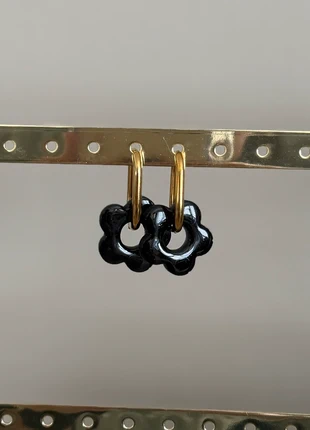 Boucles d’oreilles créoles ovales et pampilles fleurs noires, condition: New without tags, €5.90, €6.90 includes Buyer Protection