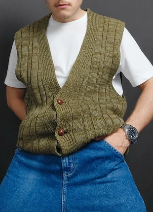 Cardigan Long Vintage 80s en Maille Chiné Vert Kaki à Motifs Torsades 100% Laine (XXL), brand: Vintage Dressing, condition: Very good, size: XXL, €24.00, €25.90 includes Buyer Protection Pro