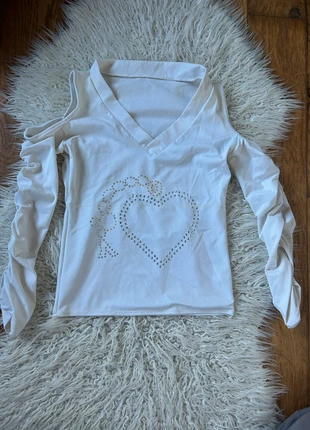 Vintage y2k witte longsleeve top met glitters en open schouders 2000s, marke: Vintage Dressing, zustand: Zufriedenstellend, größe: XXS / 32 / 4, 4,00 €, 4,90 € inklusive Vinted-Käuferschutz
