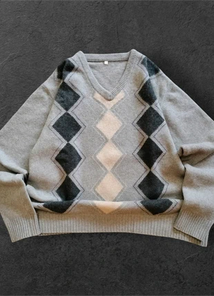 🖤Retro 2000 Argyle Sweater 💎 Y2K V-Neck Jumper Grey & Cream Preppy Knit. 🩶Size XL, marca: Vintage Dressing, estado: Muy bueno, tamaño: XL, 15,00 €, 16,45 € Protección al comprador incluida