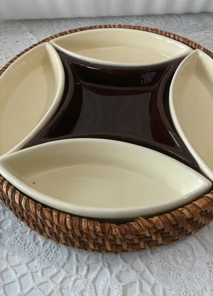 Plateau apéritif vintage en rotin et faïence – années 70, brand: sans, condition: Very good, €8.50, €9.63 includes Buyer Protection
