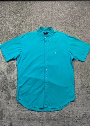 Chemise à manche courte Ralph Lauren oversize bleu canard logo brodé rose #115, merk: Ralph Lauren, staat: Heel goed, maat: M, € 25,00, € 26,95 inclusief Kopersbescherming