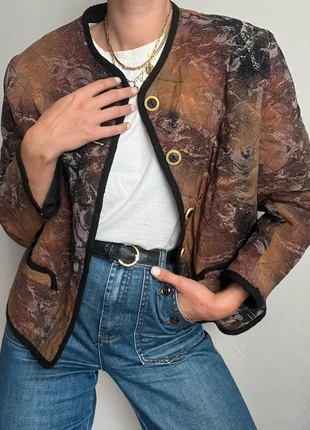 Veste tailleur matelassé vintage et oversize motif abstrait marron et noir, merk: Vintage Dressing, staat: Heel goed, maat: S / 36 / 8, € 20,00, € 21,70 inclusief Kopersbescherming Pro