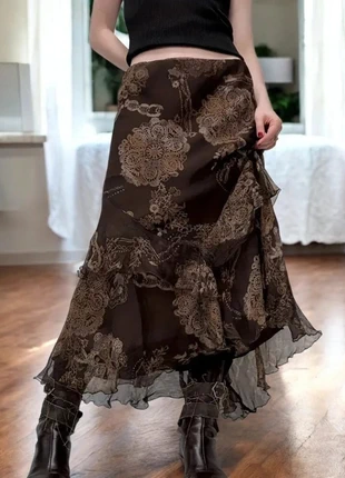 Jupe vintage fleurie taille basse à volants asymétriques - S, brand: Minella, condition: Very good, size: S / 36 / 8, €38.00, €40.60 includes Buyer Protection