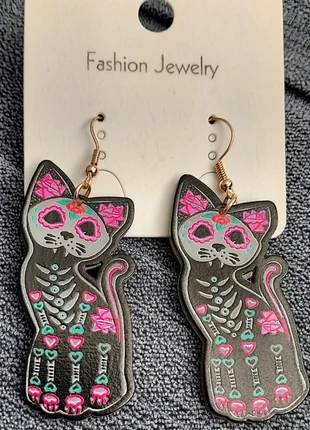 Large sugar skull day of the dead skeleton spooky cat dangle earrings, brand: day of the dead, condition: New without tags, £4.12, £5.03 includes Buyer Protection