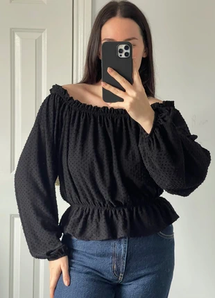 H&M Black Dobby Spot Off-Shoulder Peplum Top - Size M / Long Sleeve / Going Out, brand: H&M, condition: Very good, size: M / 10, £10.00, £11.20 includes Buyer Protection