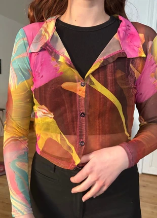 Haut mesh transparent psyché coloré – manches longues – style Y2K, marca: Boohoo, estado: Muito bom, tamanho: S / 36 / 8, €8.00, €9.10 inclui Proteção do Comprador