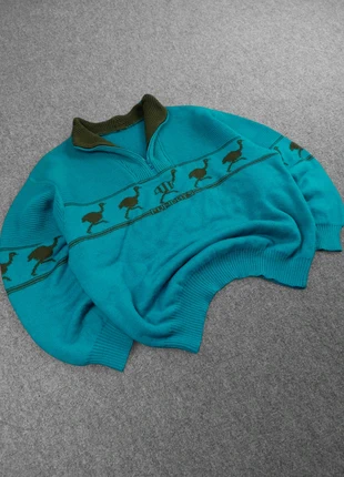Pull à Col 1/4 Zip Vintage 80s en Maille Bleu Turquoise à Motifs Imprimé "Oiseaux" 50% Laine (L), marque: Vintage Dressing, état: Très bon état, taille: L, 32,00 €, 34,30 € Protection acheteurs (Pro) incluse