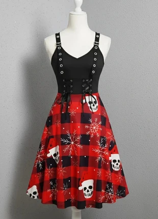 Robe gothique de Noël mi-longue à imprimé crâne femme, merk: ELLE, staat: Heel goed, maat: L / 40 / 12, € 54,90, € 58,35 inclusief Kopersbescherming