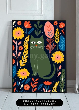 Affiche – Poster A3 Chat vert illustration florale moderne, merk: Tendance, staat: Heel goed, € 10,00, € 11,20 inclusief Kopersbescherming Pro