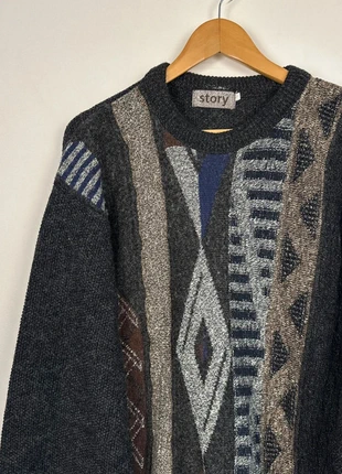 Retro charcoal grey multicolour patterned grunge crewneck jumper by Story, brand: Vintage Dressing, condition: Good, size: M, £17.50, £19.08 includes Buyer Protection Pro