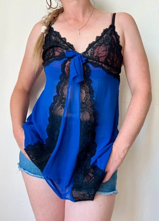 Top long mesh transparent dentelle nuisette evasé Y2k 2000’s Coquette sheer top M 38 noir bleu, merk: COQUETTE, staat: Heel goed, maat: M / 38 / 10, € 14,00, € 15,40 inclusief Kopersbescherming Pro