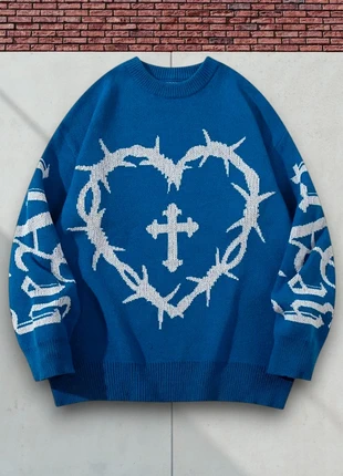 Pull d'hiver Y2K Style Old School - Taille M - Croix Coeur Christ - Bleu Blanc - Coupe lose #28, état: Très bon état, taille: M, 39,90 €, 42,60 € Protection acheteurs incluse