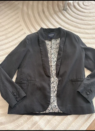 blazer veste femme bonobo noir gris doublure fleurie taille M 38 40 jacket officewear chic travail, merk: Bonobo, staat: Heel goed, maat: M / 38 / 10, € 22,00, € 23,80 inclusief Kopersbescherming Pro
