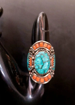 Bague argent massif – Style Navajo rare – Corail rouge & turquoise – Large modèle 2 cm, marke: Argent, zustand: Sehr gut, größe: 62.2 mm / 19.8 mm Ø, 70,00 €, 74,20 € inklusive Vinted-Käuferschutz