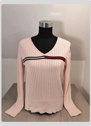 Tommy Hilfiger | Pull rose col V rayé tricolore | Maille côtelée 100 % coton | Taille L | PTF-90, marque: Tommy Hilfiger, état: Bon état, taille: L / 40 / 12, 7,90 €, 9,00 € Protection acheteurs incluse
